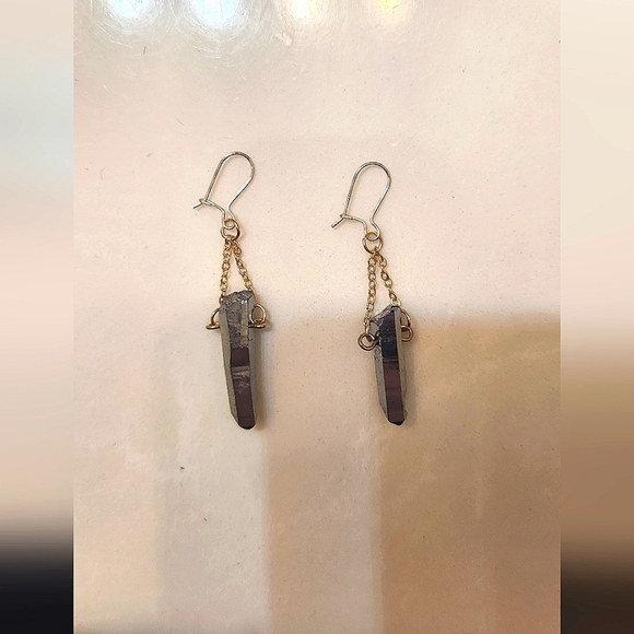Sterling Silver Dual Tone Pyrite Drop Earrings - Picture 2 of 2